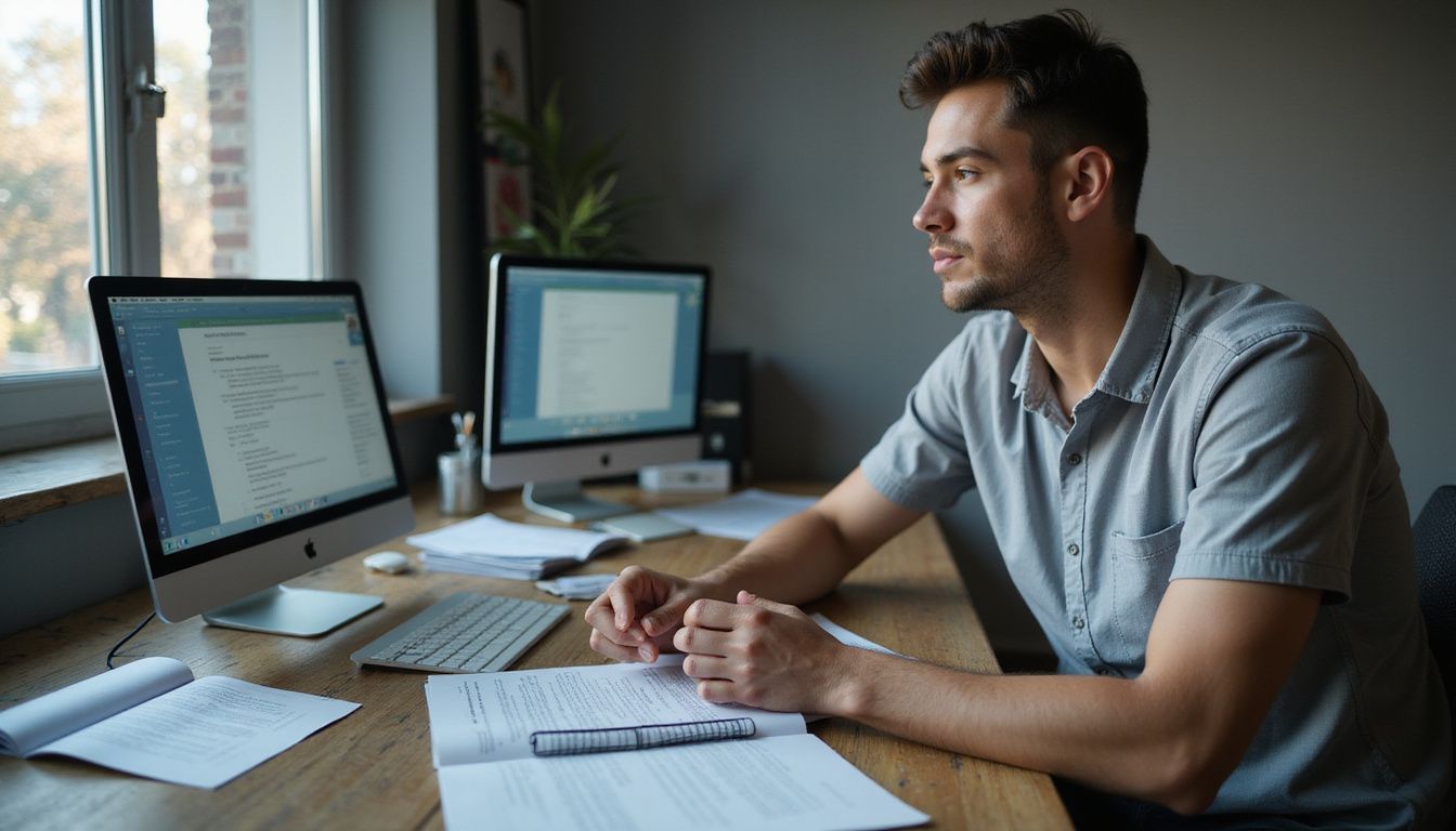 A person working at a desk with documents and computer monitors. A person working at a desk with documents and computer monitors.