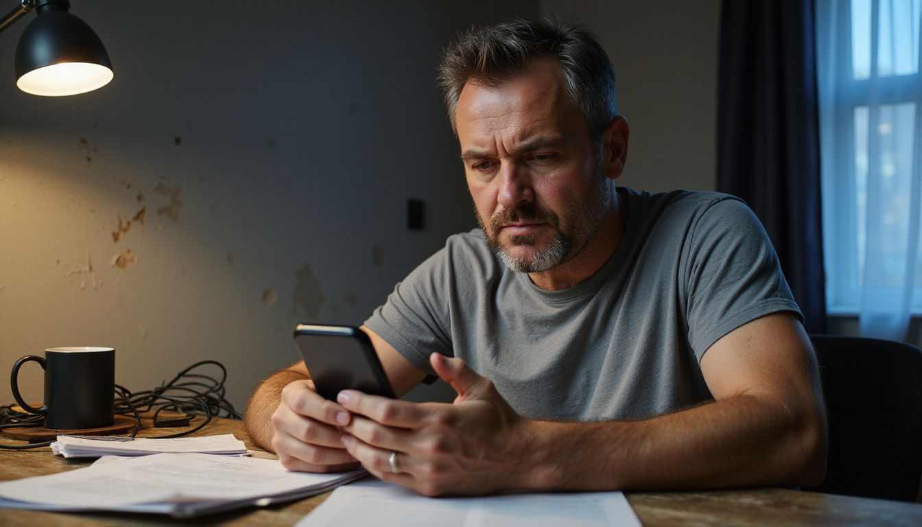 A middle-aged man at a desk, frustrated while using a betting app. A middle-aged man at a desk, frustrated while using a betting app.