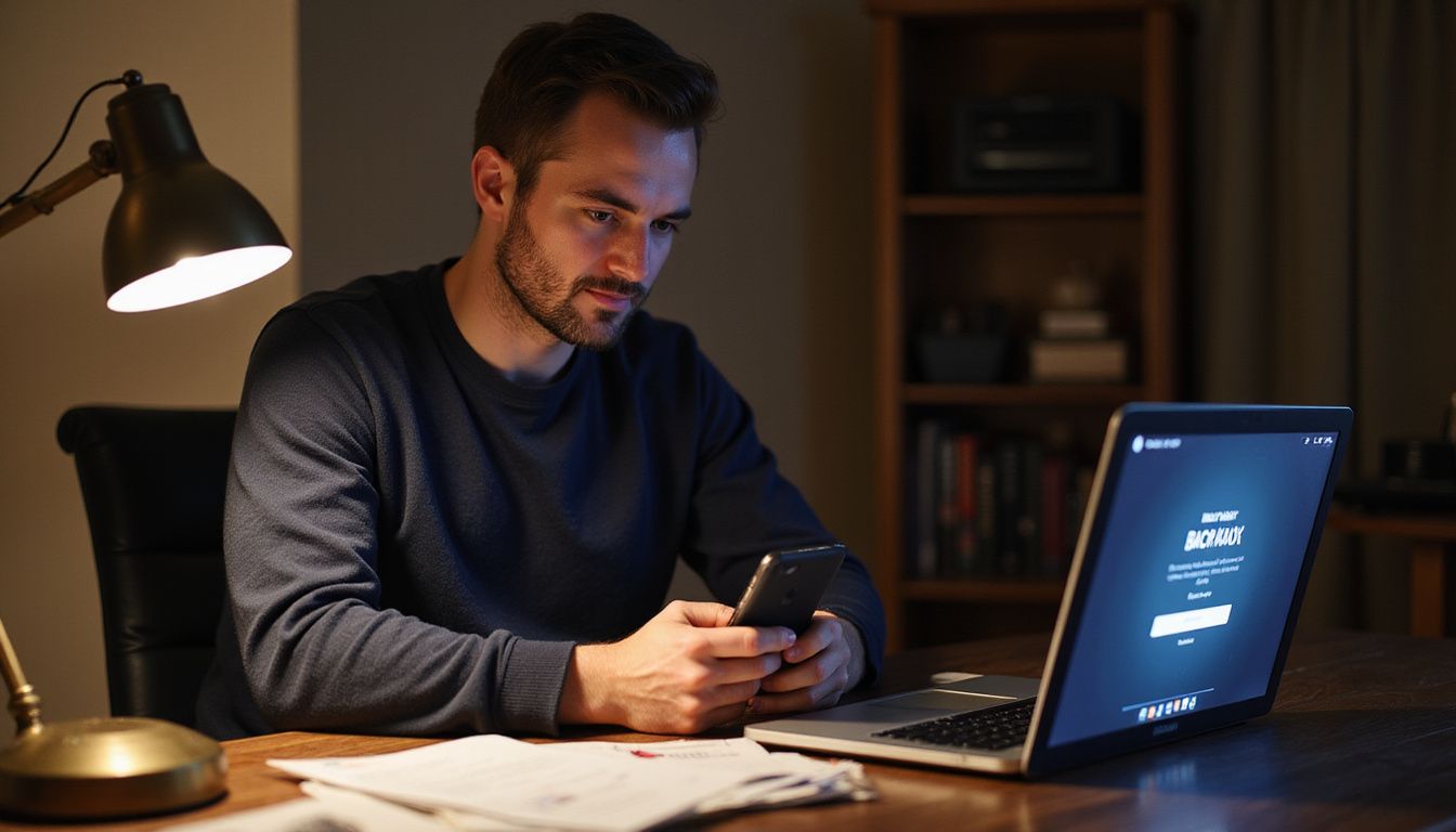 A focused man sits at a desk with a laptop and phone. A focused man sits at a desk with a laptop and phone.