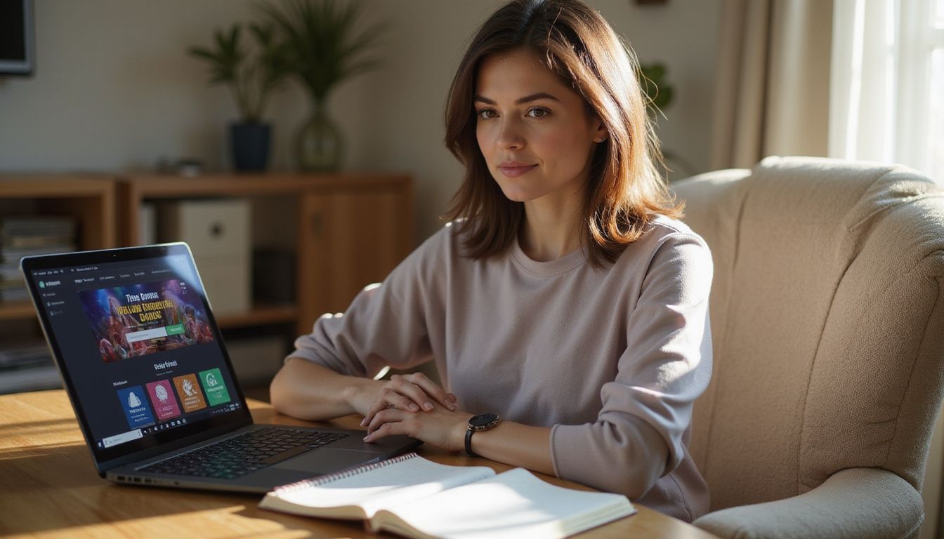 A woman sits at her desk with a laptop and notebook. A woman sits at her desk with a laptop and notebook.