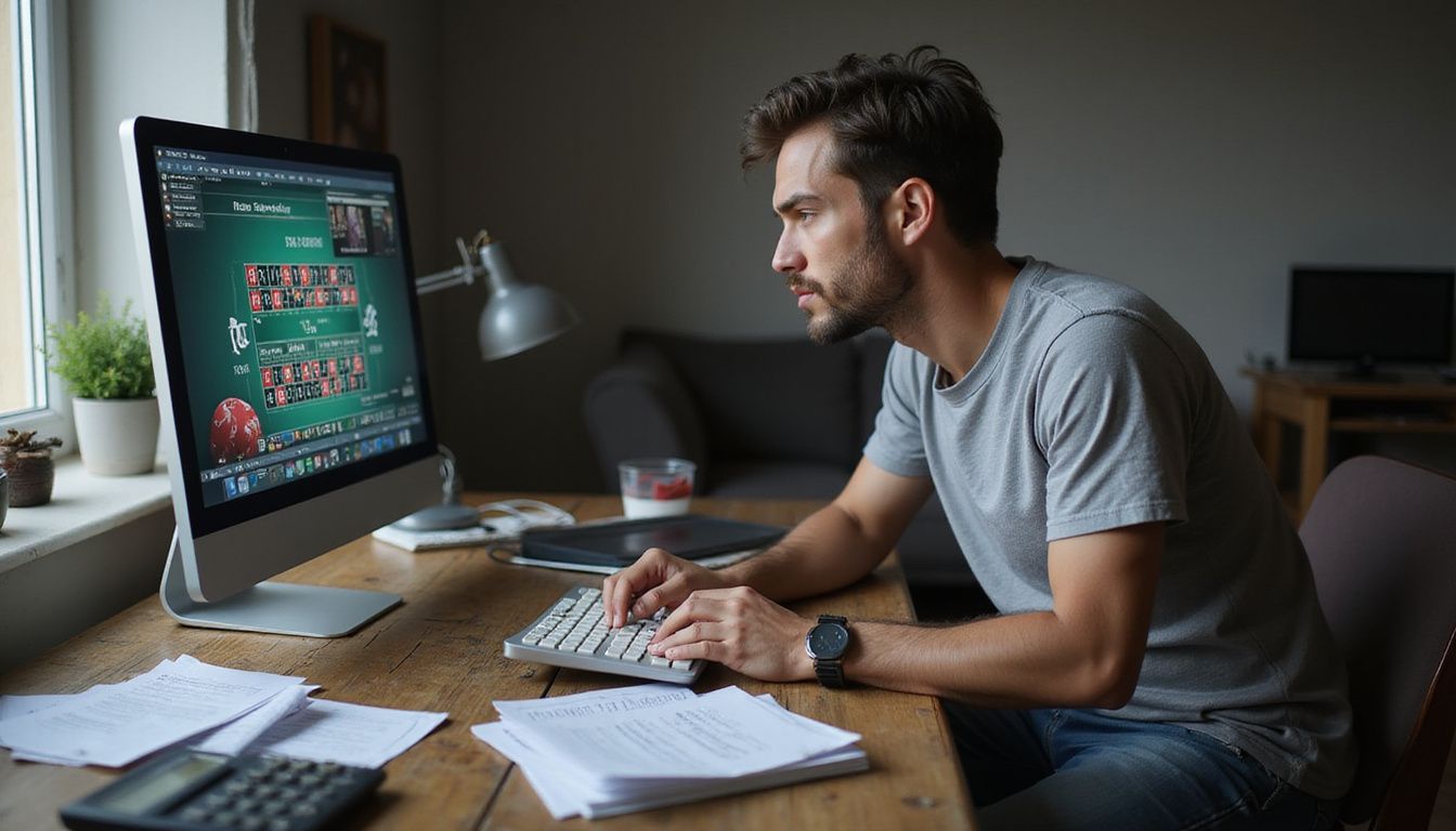A person seated at a desk, frustrated while using an online casino. A person seated at a desk, frustrated while using an online casino.