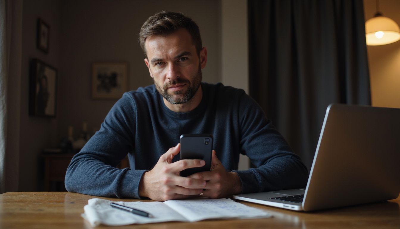 A man in a navy sweater sits at a wooden desk, focused on his phone and laptop. A man in a navy sweater sits at a wooden desk, focused on his phone and laptop.