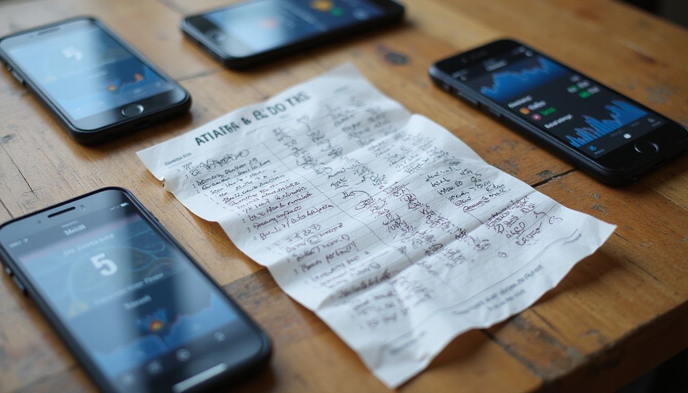 A cluttered betting slip surrounded by sports betting app screens on a wooden table. A cluttered betting slip surrounded by sports betting app screens on a wooden table.