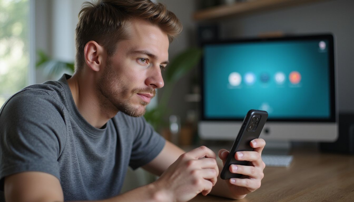 A man in his 30s focuses on identity verification on his phone. A man in his 30s focuses on identity verification on his phone.