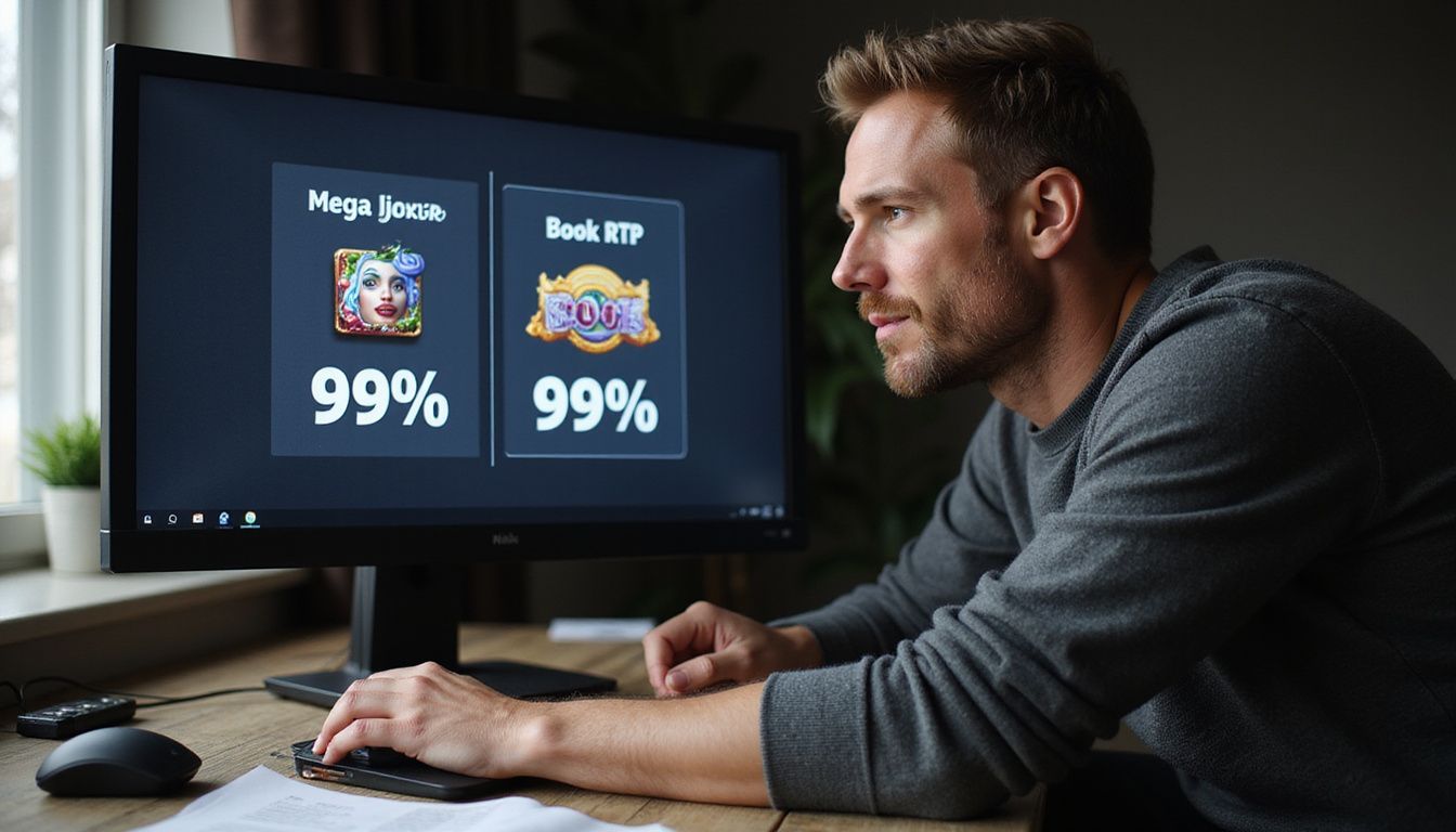 A man in a gray sweater is looking at two online slot games on a digital monitor. A man in a gray sweater is looking at two online slot games on a digital monitor.