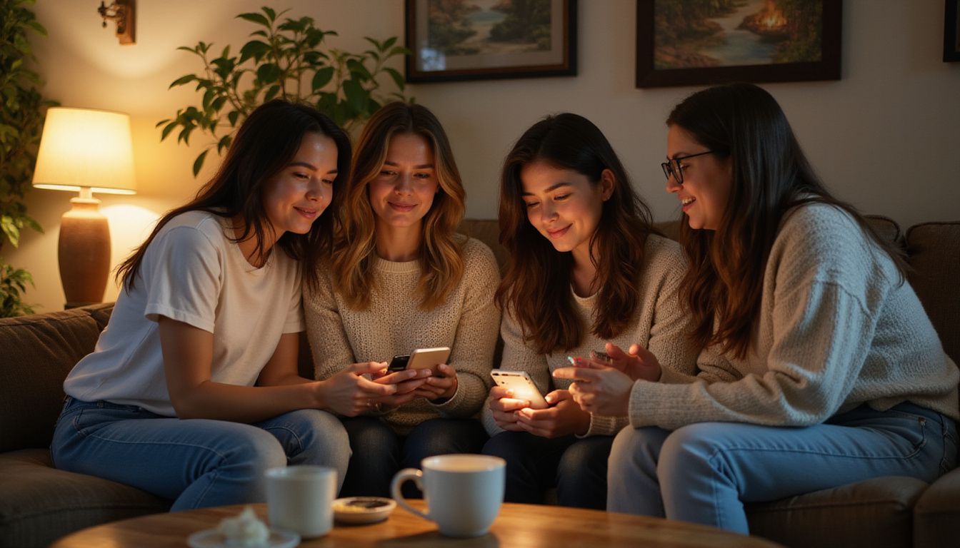 Group of friends gathered in cozy living room, engrossed in smartphones. Group of friends gathered in cozy living room, engrossed in smartphones.