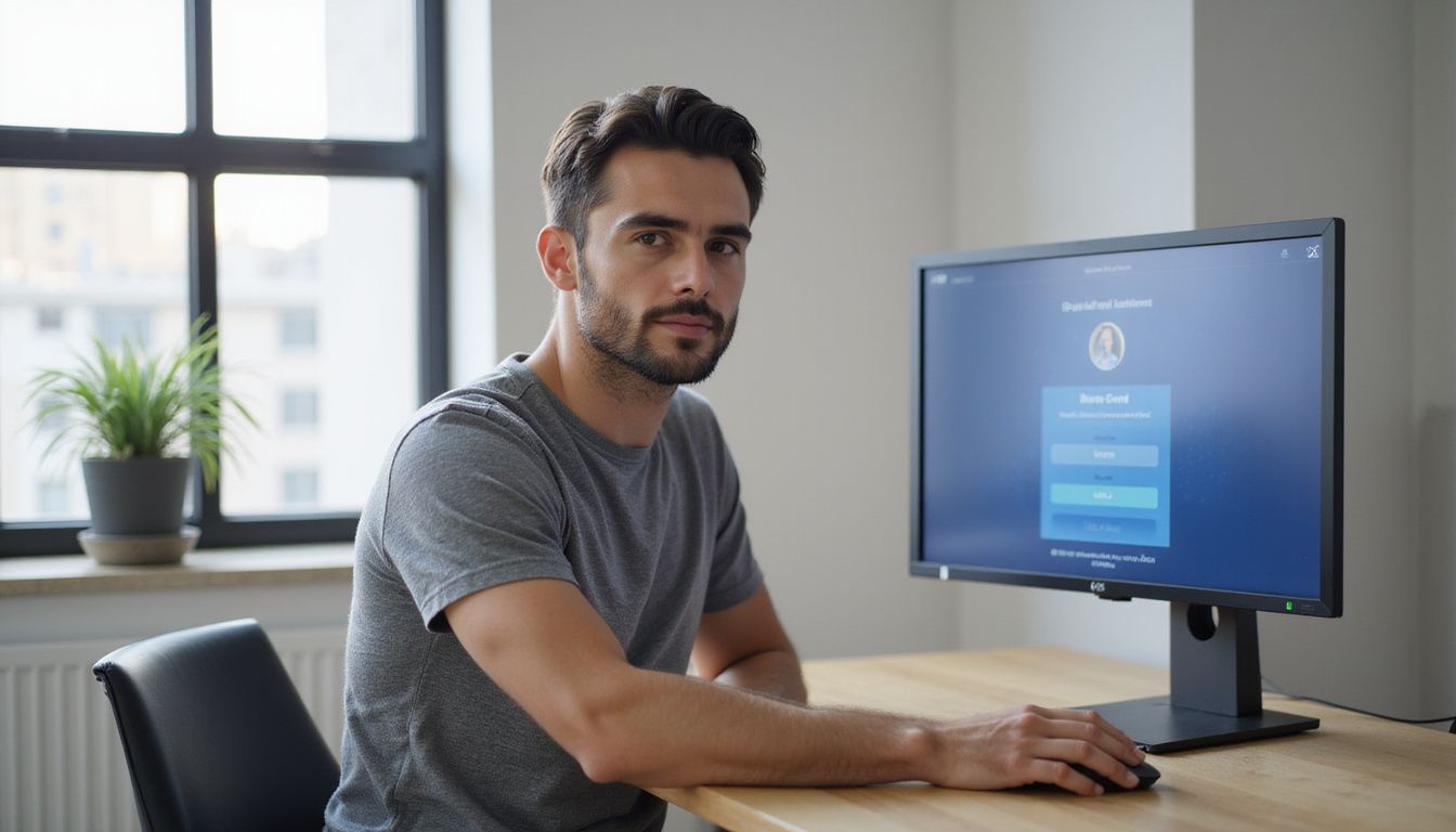 A man at a modern desk uses an ID verification interface. A man at a modern desk uses an ID verification interface.