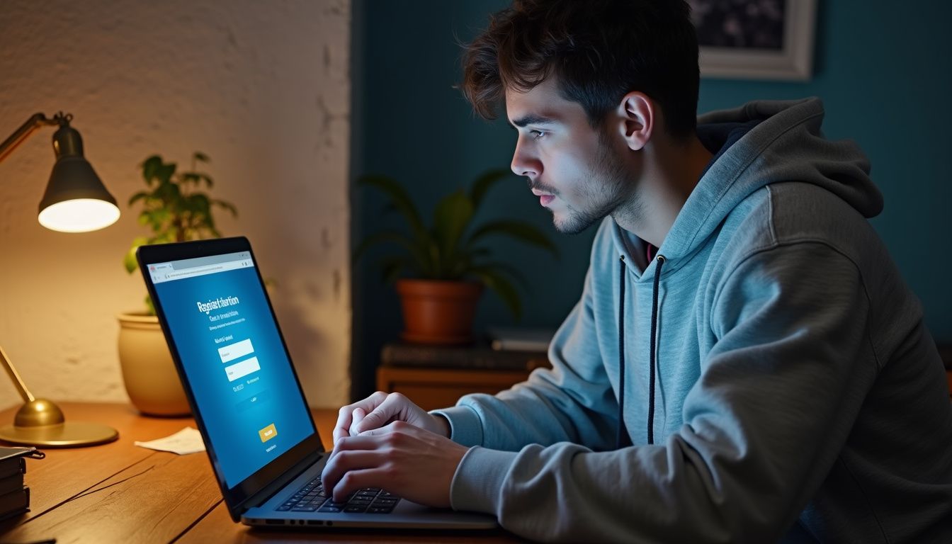 A person in a gray hoodie is filling out a casino registration form on their laptop at a wooden desk. A person in a gray hoodie is filling out a casino registration form on their laptop at a wooden desk.