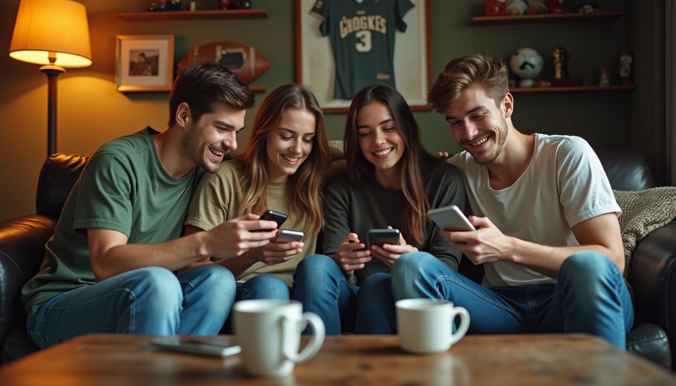 A close-knit group of friends in a cozy living room setting. A close-knit group of friends in a cozy living room setting.