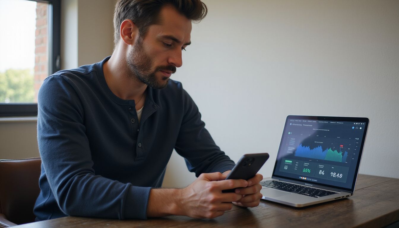 A man is sitting at a modern desk using a crypto casino app. A man is sitting at a modern desk using a crypto casino app.