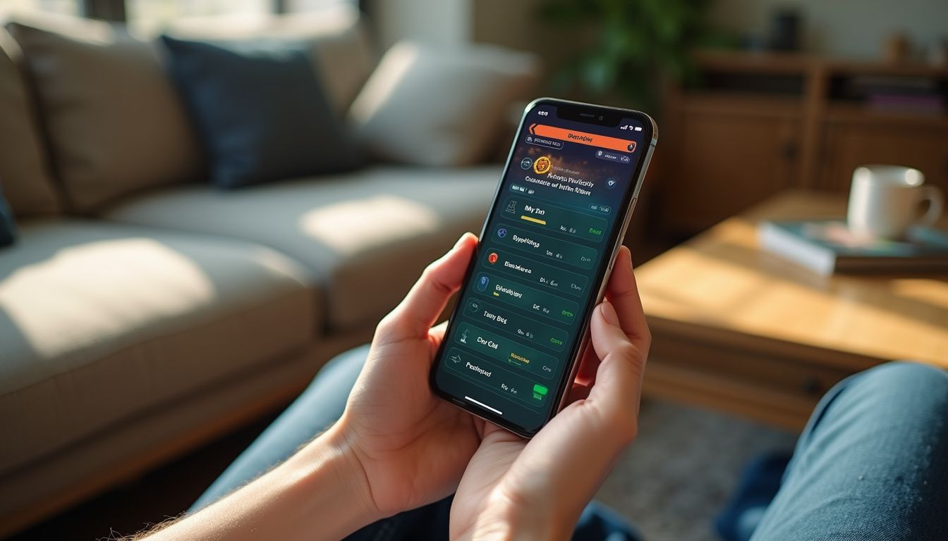 A person using a social betting app on a smartphone at home. A person using a social betting app on a smartphone at home.