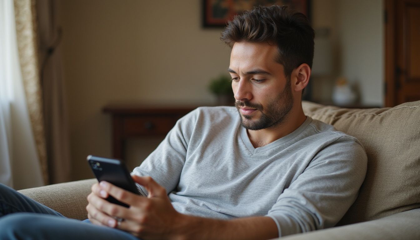 A person sitting on a couch, holding a sportsbook app on a smartphone. A person sitting on a couch, holding a sportsbook app on a smartphone.