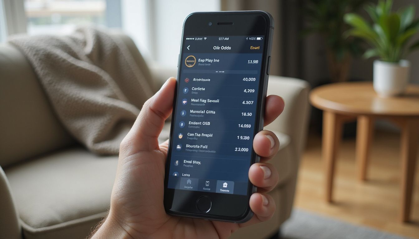 A hand holding a smartphone displaying a live sports betting app. A hand holding a smartphone displaying a live sports betting app.
