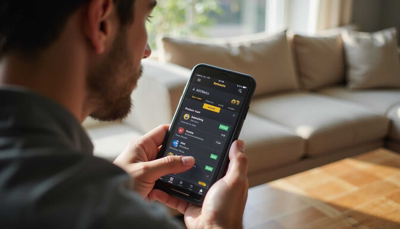 Close-up of a person using Betmate app on a smartphone. Close-up of a person using Betmate app on a smartphone.