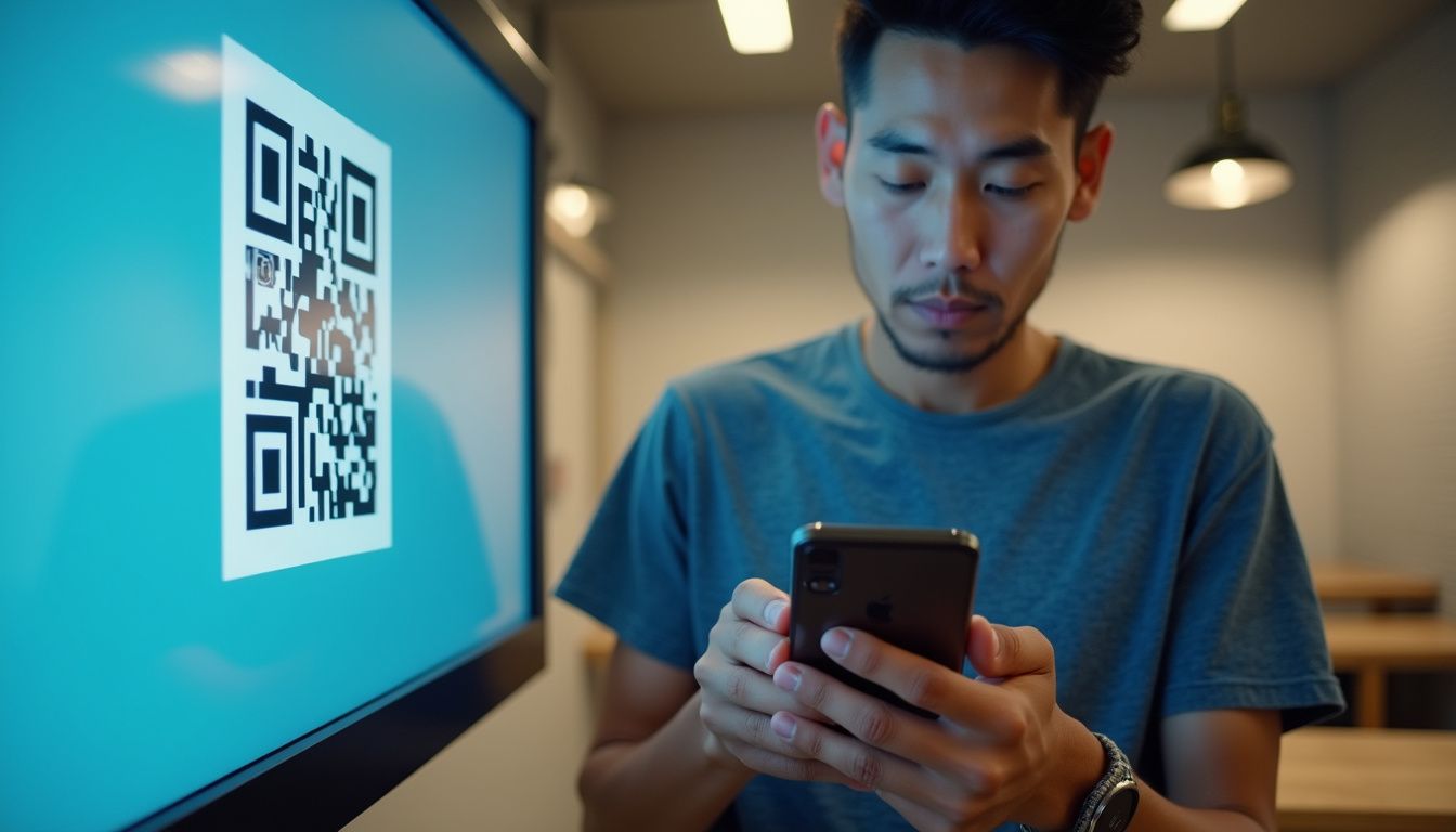 A person scans a QR code on a smartphone in a bright indoor setting. A person scans a QR code on a smartphone in a bright indoor setting.