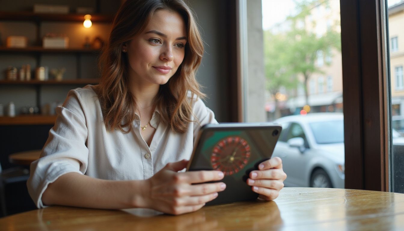 A woman in her 30s is playing a roulette game on a tablet in a cozy café. A woman in her 30s is playing a roulette game on a tablet in a cozy café.