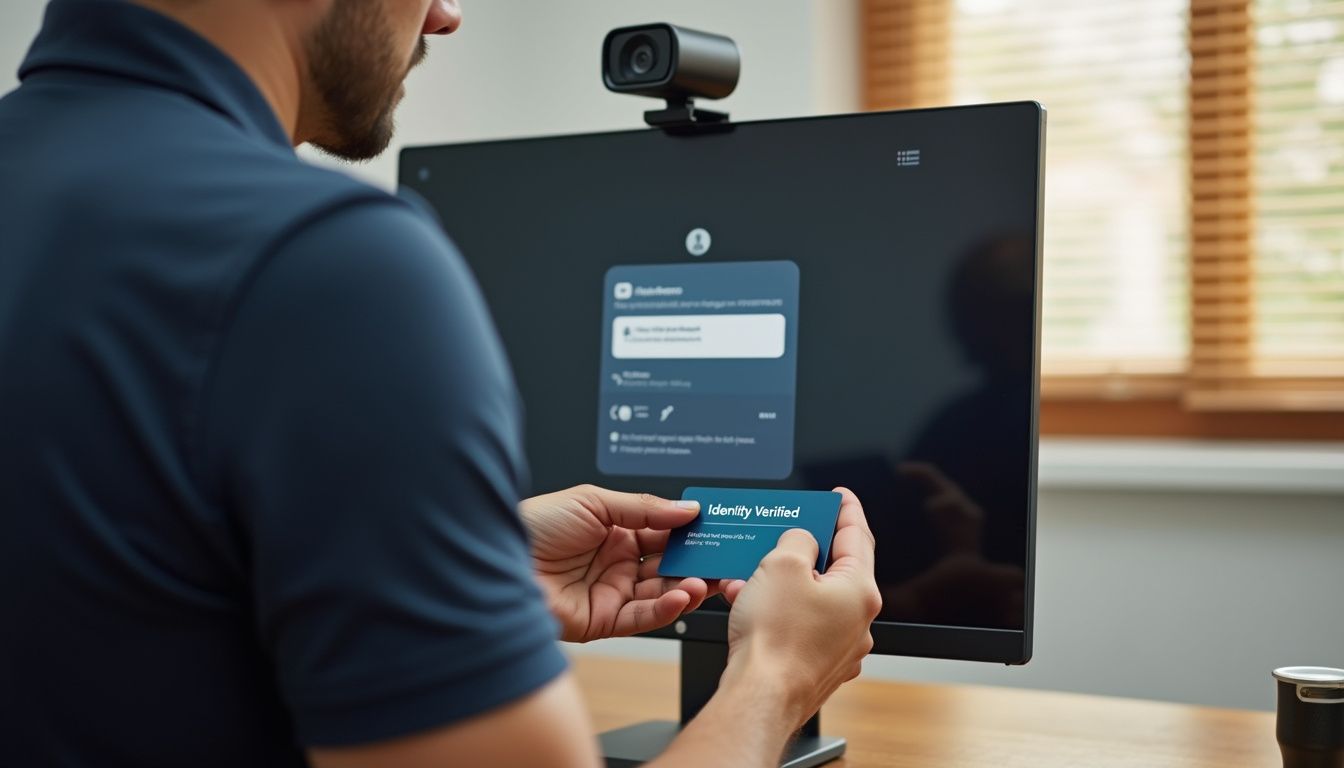 A person is holding an ID card next to a webcam. A person is holding an ID card next to a webcam.