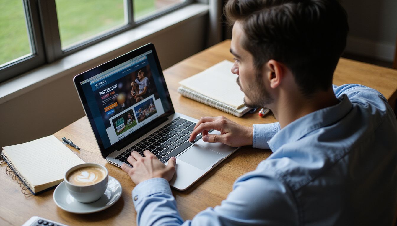 A person is seated at a desk, using a laptop for sports betting. A person is seated at a desk, using a laptop for sports betting.