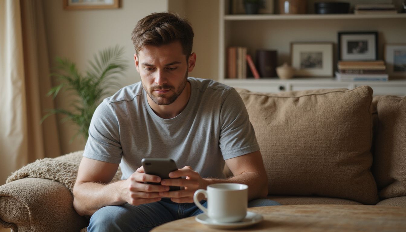 A man sits on a couch in a well-lit living room, using his smartphone. A man sits on a couch in a well-lit living room, using his smartphone.