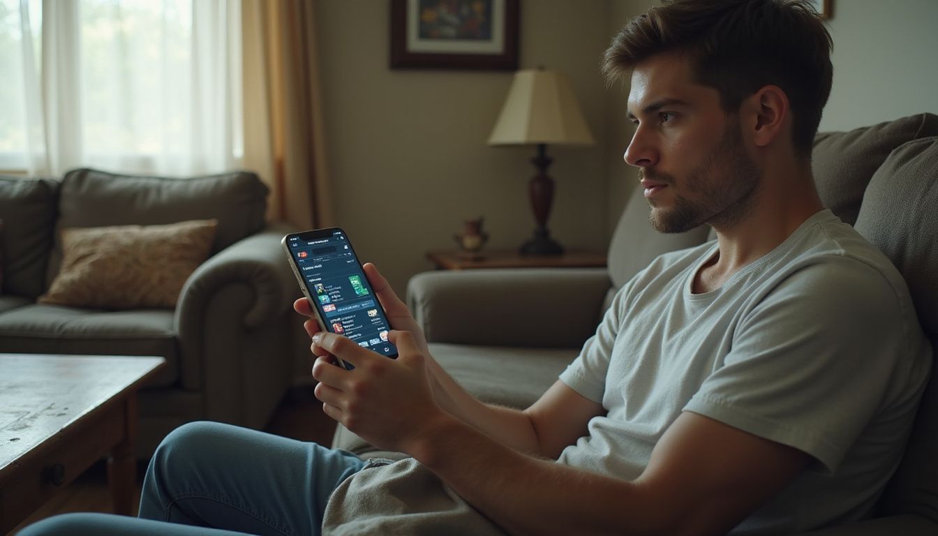 A person using a sports betting app on a smartphone in a living room. A person using a sports betting app on a smartphone in a living room.