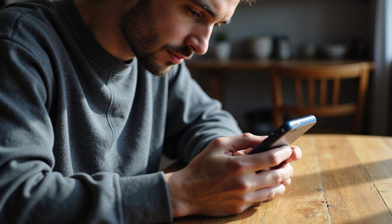 A person in a gray sweatshirt reads casino bonus terms on a smartphone. A person in a gray sweatshirt reads casino bonus terms on a smartphone.