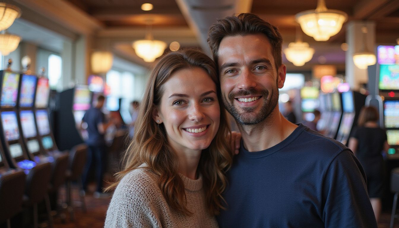 A couple in their 30s excitedly stands on a bustling casino floor. A couple in their 30s excitedly stands on a bustling casino floor.