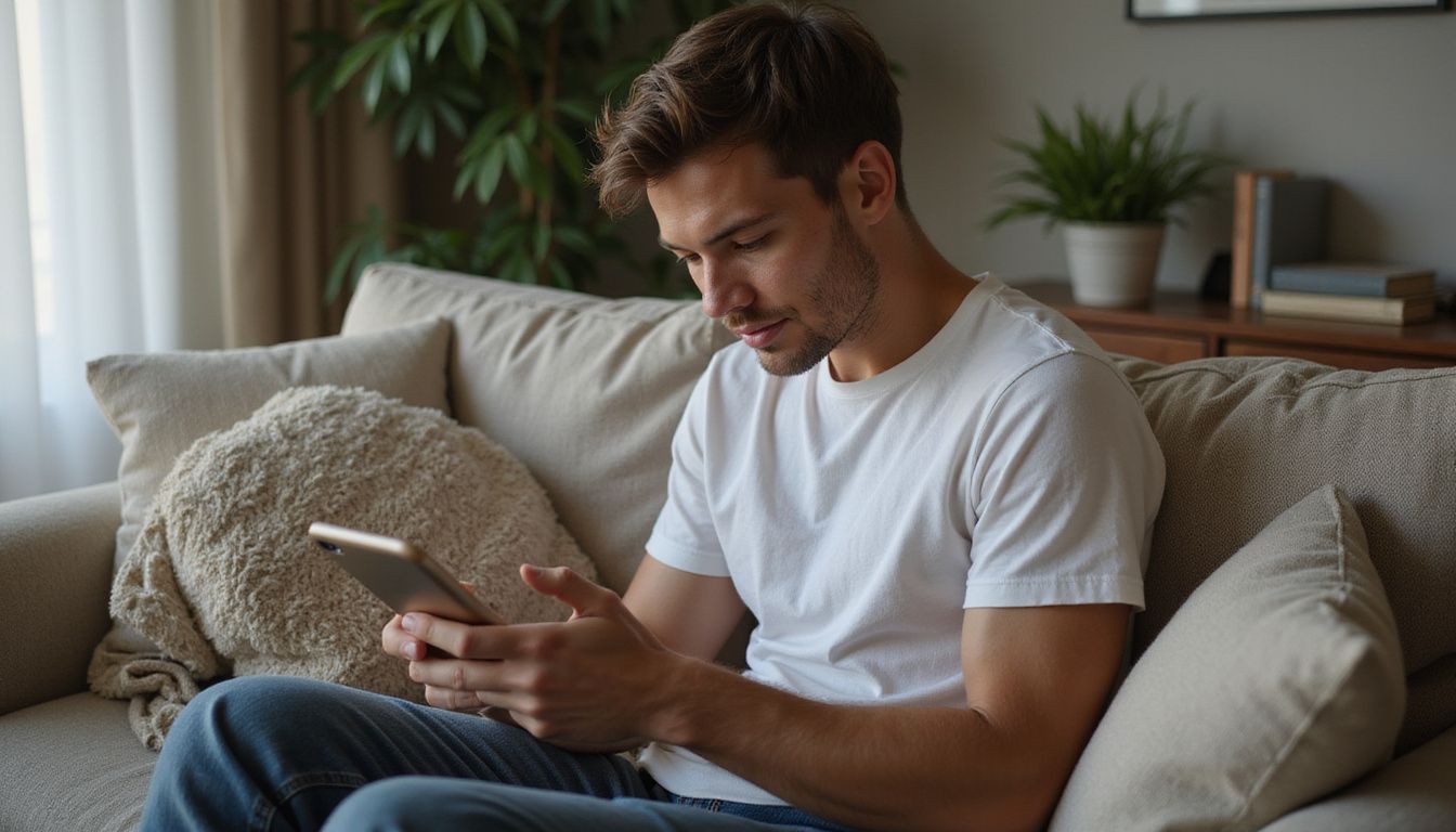 A person sitting on a cozy sofa using a phone. A person sitting on a cozy sofa using a phone.