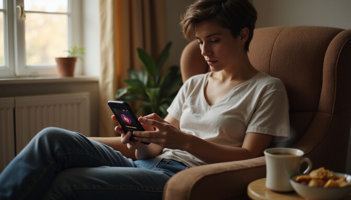 A person plays Mega Joker mobile game while relaxing with coffee. A person plays Mega Joker mobile game while relaxing with coffee.