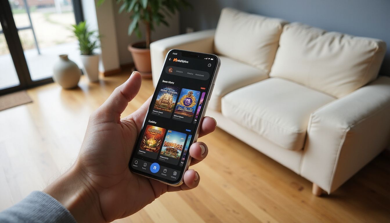 A hand holding a modern smartphone displaying the MetaSpins app. A hand holding a modern smartphone displaying the MetaSpins app.