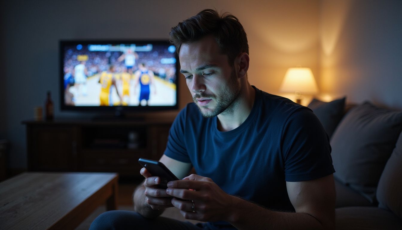 A man in his 30s watches a basketball game on his phone. A man in his 30s watches a basketball game on his phone.
