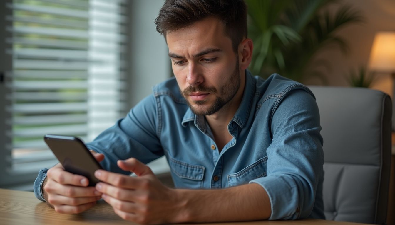 A man sitting at a desk, using a gambling app on his phone. A man sitting at a desk, using a gambling app on his phone.