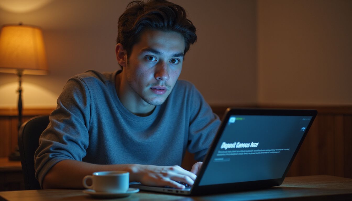 A young adult sitting at a desk, excitedly looking at a mobile casino offer on their laptop. A young adult sitting at a desk, excitedly looking at a mobile casino offer on their laptop.