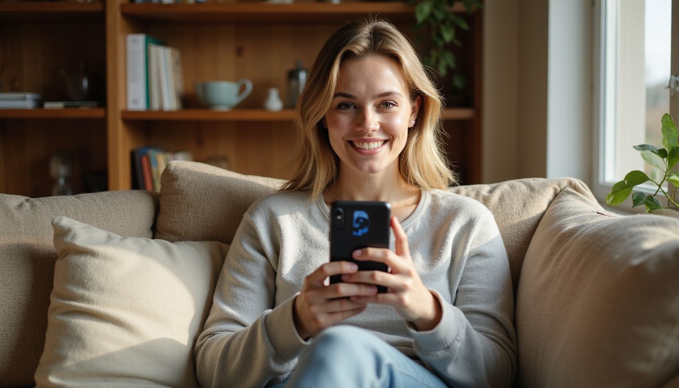 A woman in her 30s sits on a sofa, happily looking at her phone's PayPal notification of sportsbook winnings. A woman in her 30s sits on a sofa, happily looking at her phone's PayPal notification of sportsbook winnings.