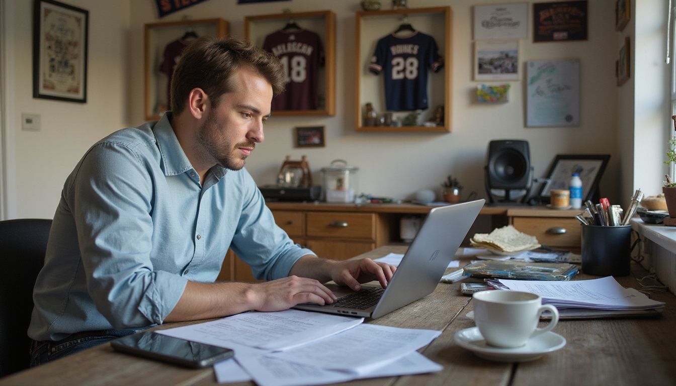 A focused man in his 30s sitting at a cluttered desk. A focused man in his 30s sitting at a cluttered desk.