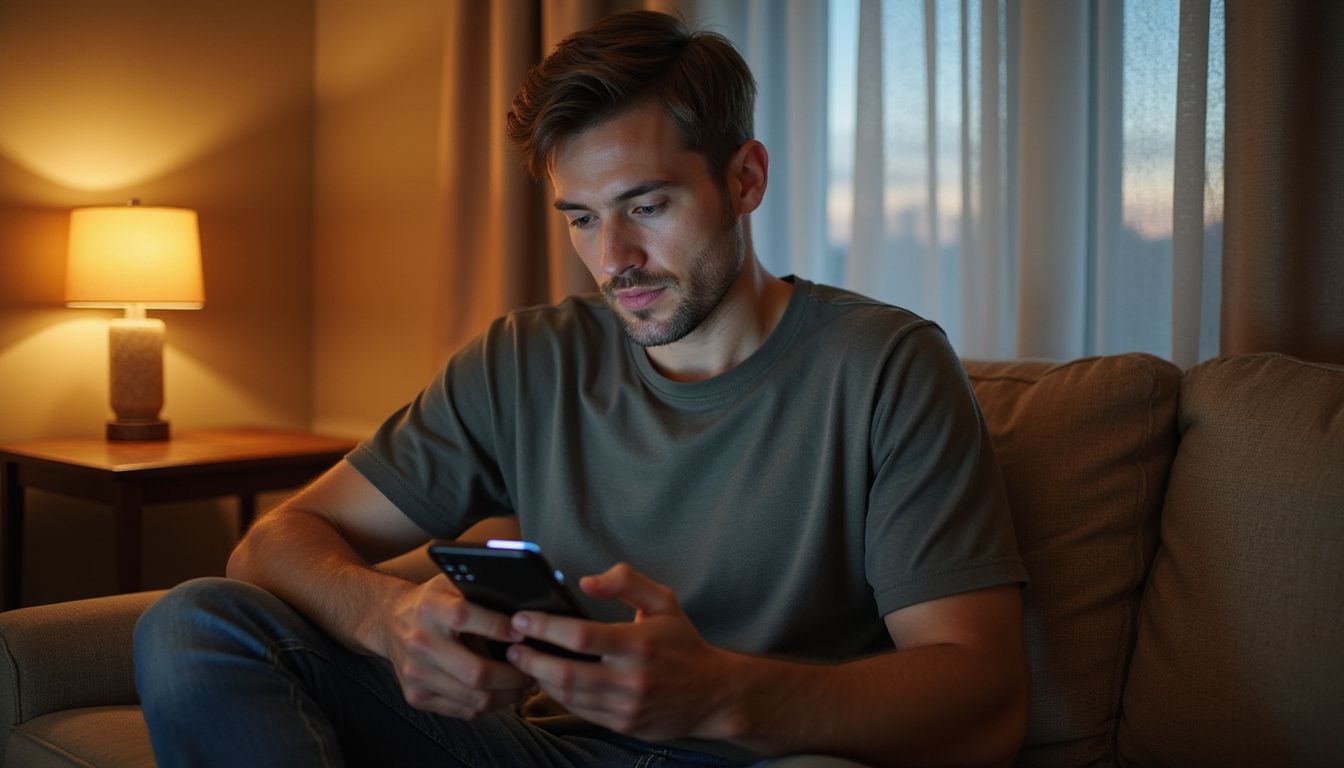 A man in his 30s sits in a warmly lit living room using a smartphone. A man in his 30s sits in a warmly lit living room using a smartphone.
