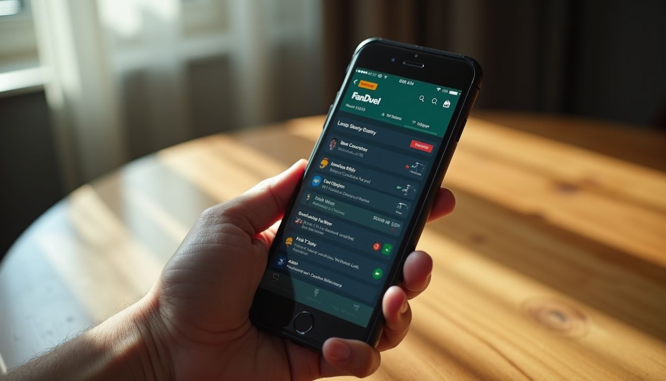 A hand holding a smartphone with the FanDuel app interface. A hand holding a smartphone with the FanDuel app interface.