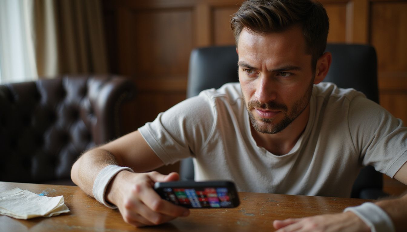 A man in his 30s is focused on a crypto casino app on his smartphone. A man in his 30s is focused on a crypto casino app on his smartphone.