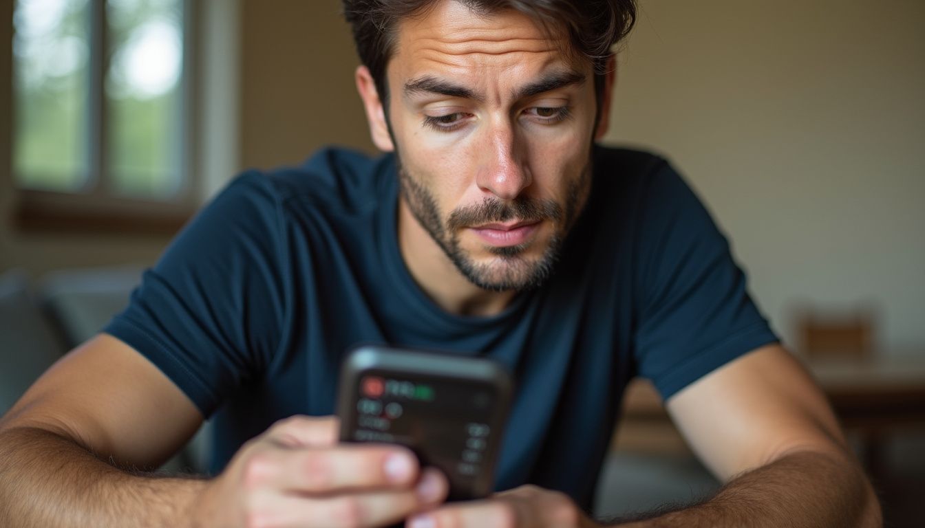 A man in casual attire sits with a smartphone, focused on a football match. A man in casual attire sits with a smartphone, focused on a football match.