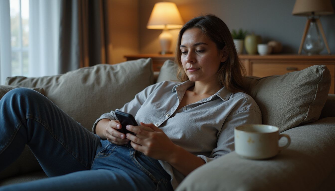 A person sitting on a cozy couch with a smartphone. A person sitting on a cozy couch with a smartphone.