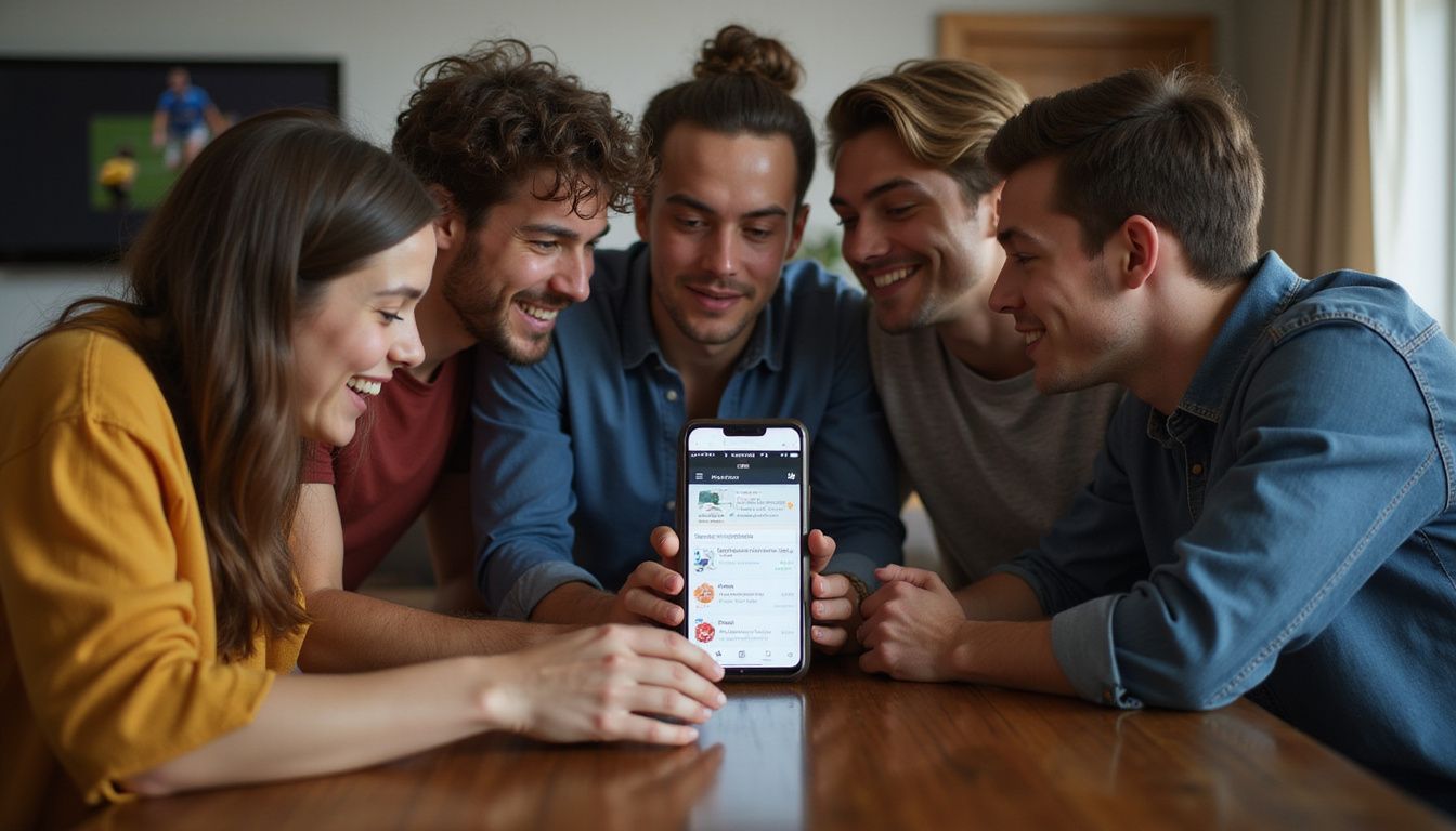Five friends gathered around a table, excitedly using the Betmate app. Five friends gathered around a table, excitedly using the Betmate app.