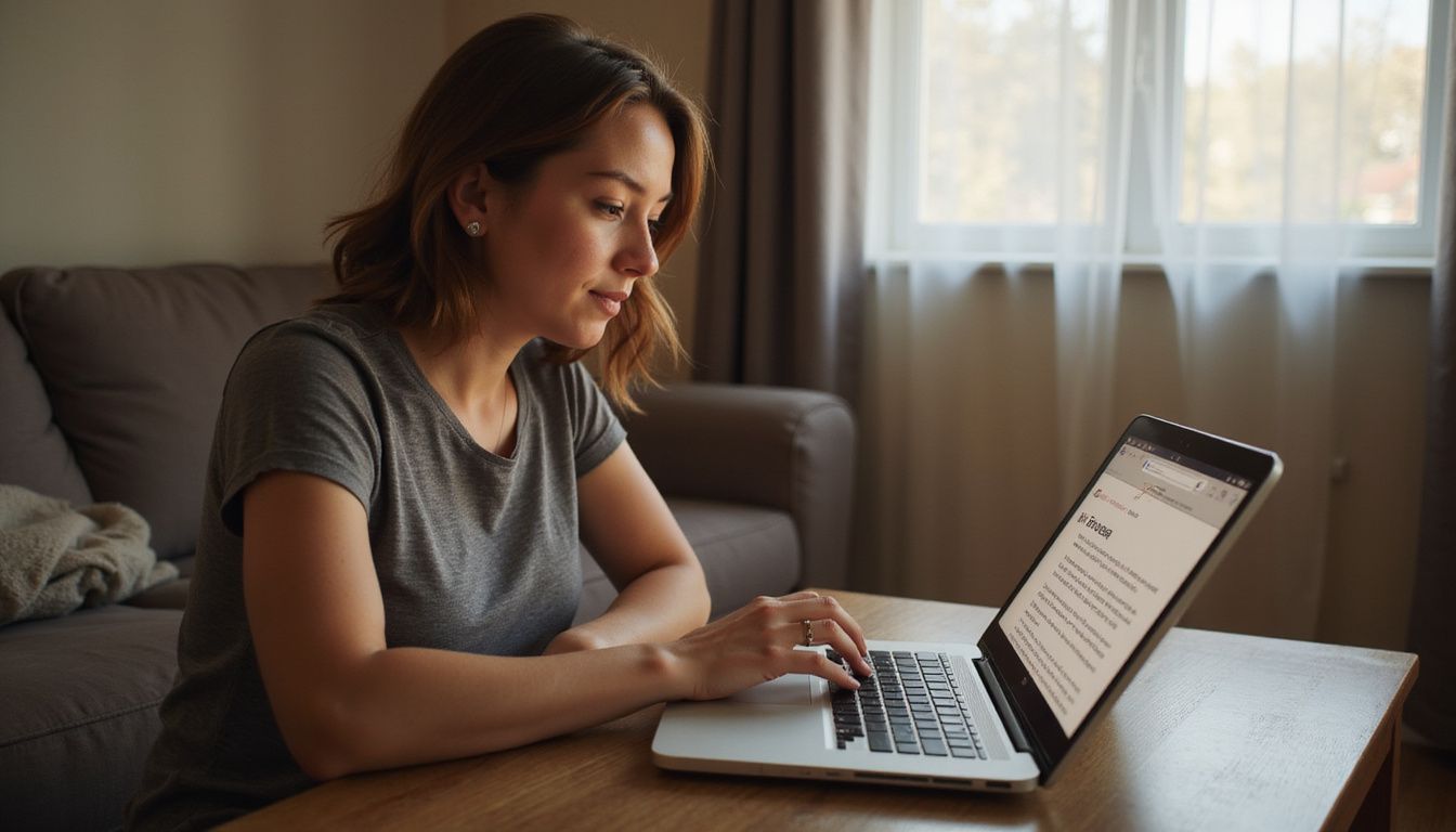 A woman reads online casino bonus terms on a laptop at home. A woman reads online casino bonus terms on a laptop at home.
