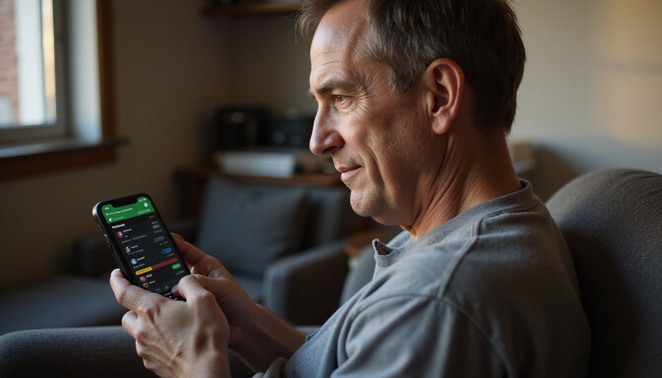 A man using OddsTrader Sports Betting App on his smartphone. A man using OddsTrader Sports Betting App on his smartphone.