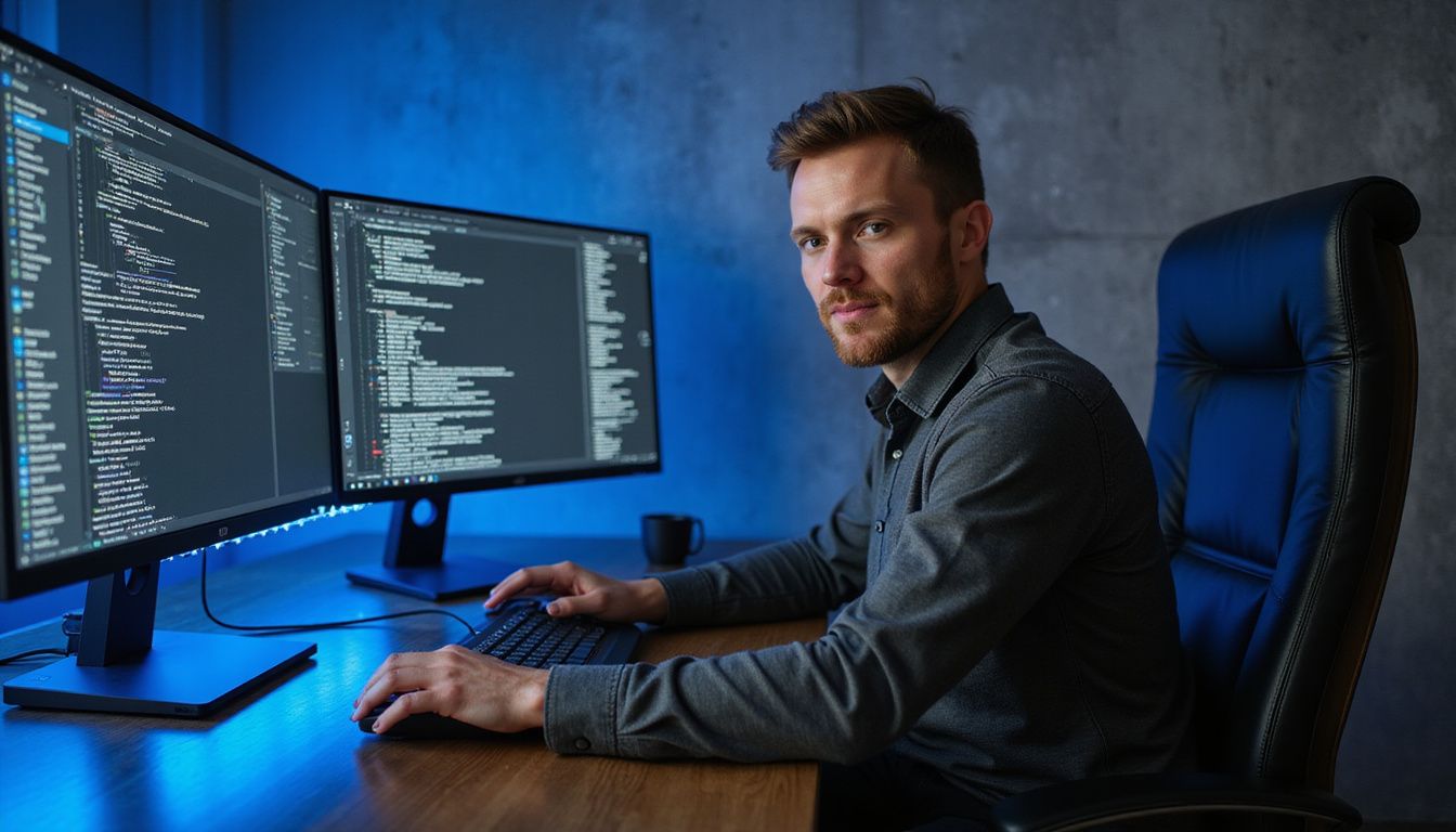 A man is sitting at a modern desk working on blockchain security. A man is sitting at a modern desk working on blockchain security.