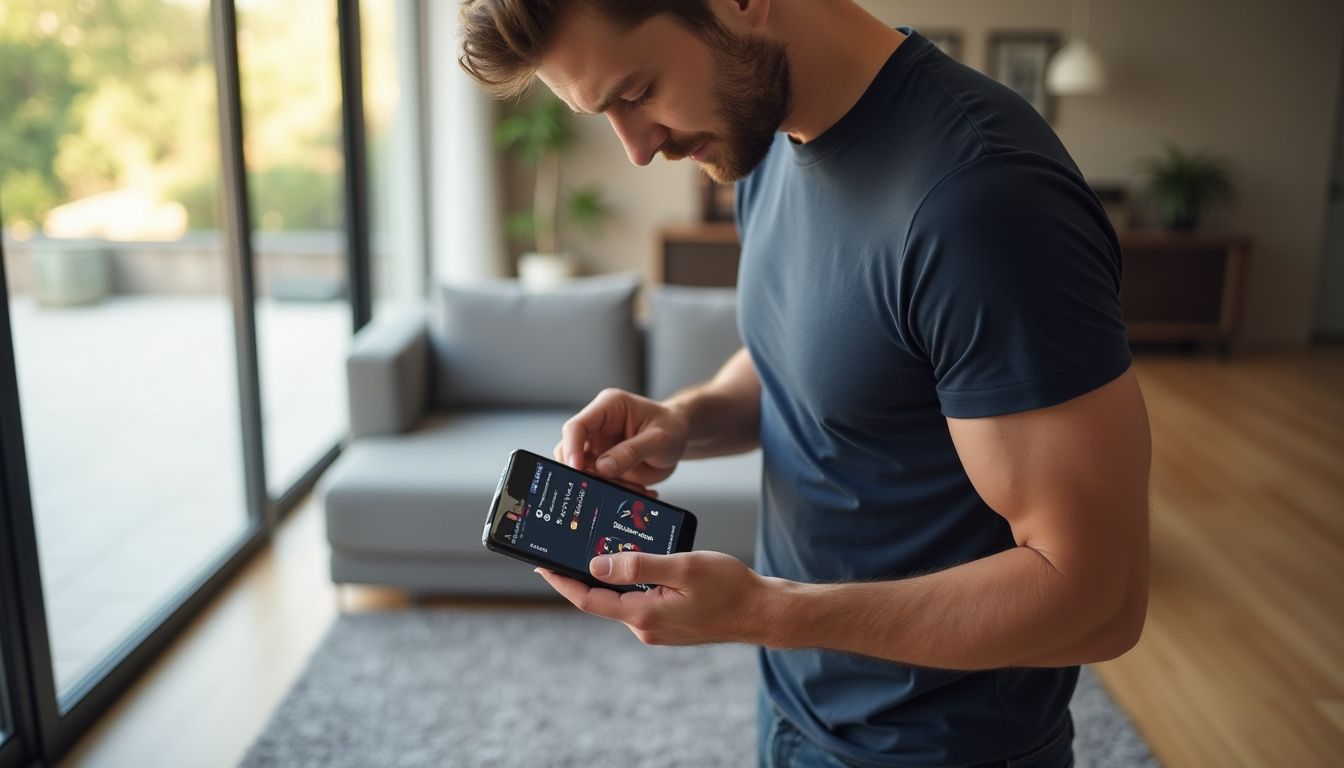 A man in a modern living room, using a casino payment app on his phone. A man in a modern living room, using a casino payment app on his phone.