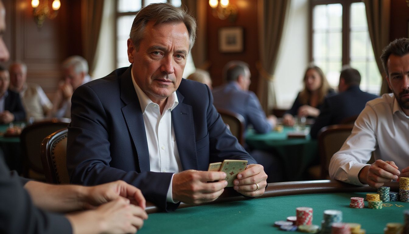 A middle-aged man in a navy blazer concentrates on his poker hand. A middle-aged man in a navy blazer concentrates on his poker hand.
