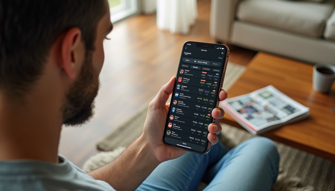 A man in casual clothes checks betting odds on his smartphone. A man in casual clothes checks betting odds on his smartphone.