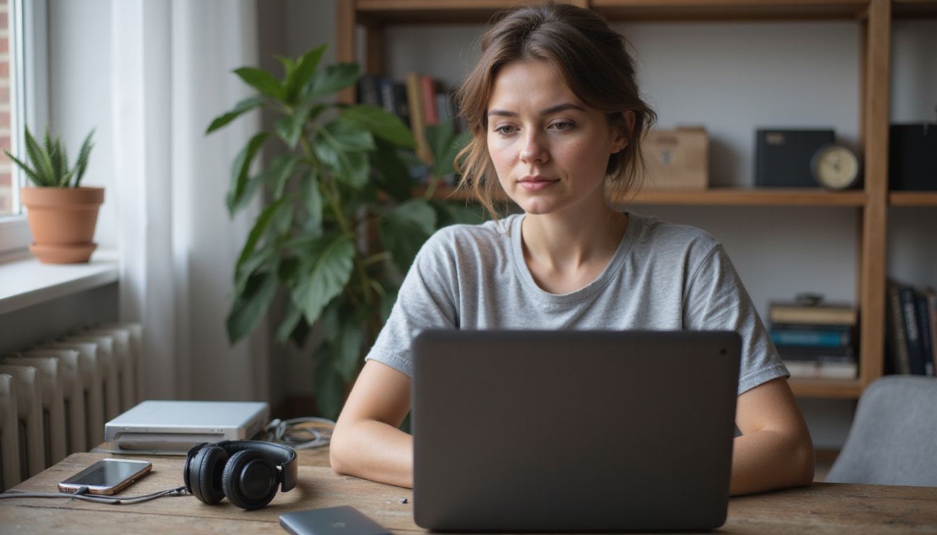 A woman in her 30s testing a cryptocurrency casino app on a laptop. A woman in her 30s testing a cryptocurrency casino app on a laptop.