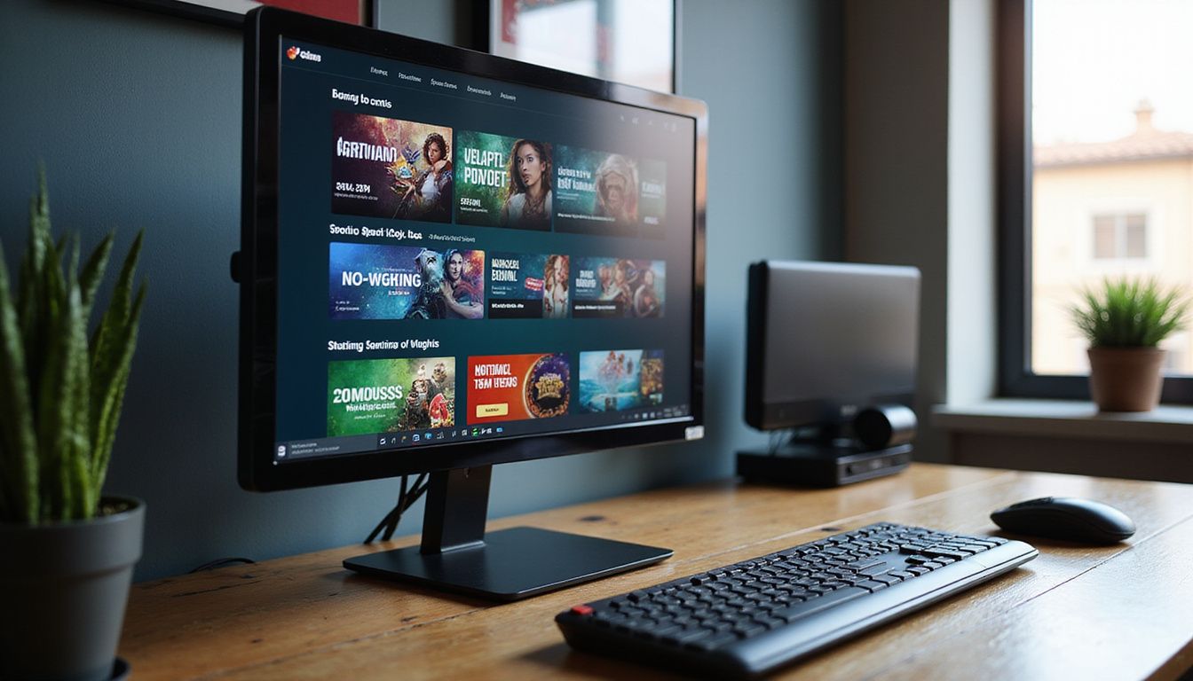 A computer monitor displays an online casino homepage with bonus offers. A computer monitor displays an online casino homepage with bonus offers.