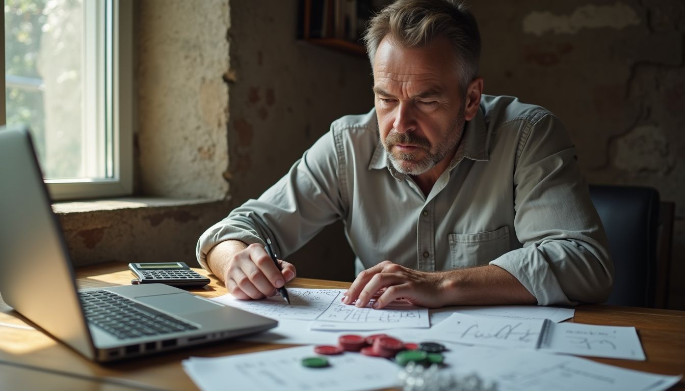 A middle-aged individual working on financial calculations in a home office. A middle-aged individual working on financial calculations in a home office.