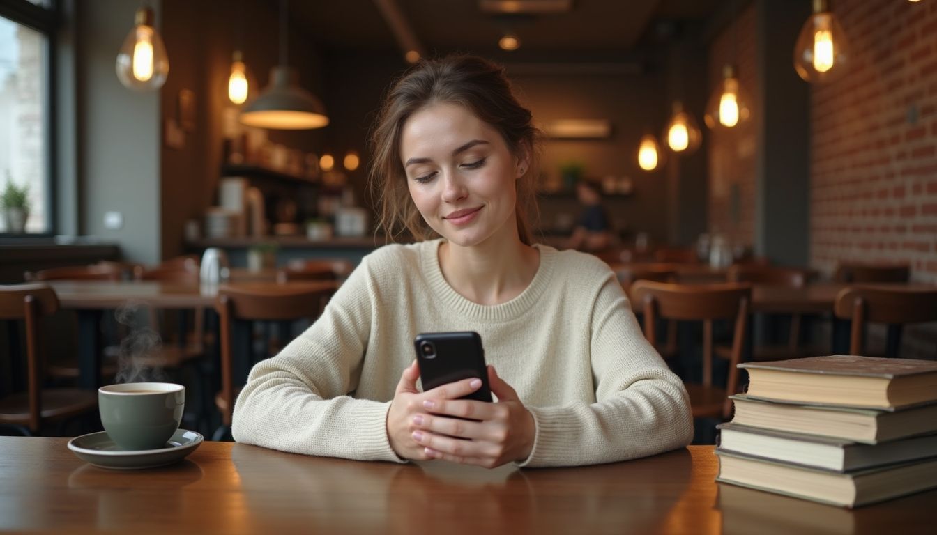 A woman in a cozy coffee shop, engrossed in her smartphone. A woman in a cozy coffee shop, engrossed in her smartphone.